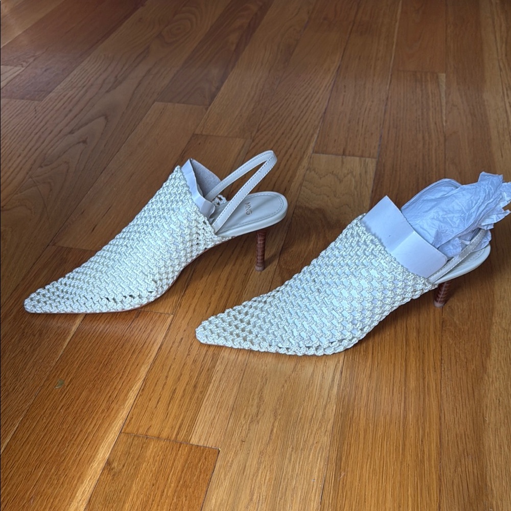 Mango Women's Ivory Woven Point Toe Slingback Heels Size 38